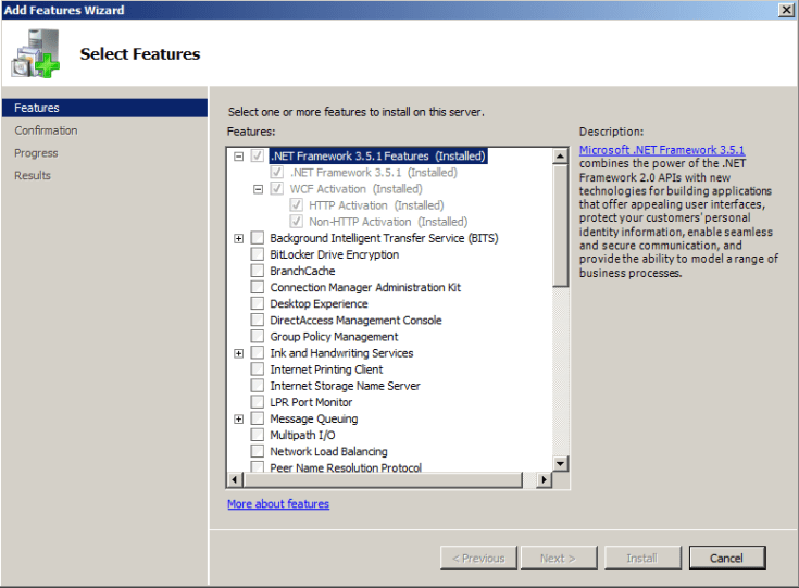 Add Features Screen - Windows Server 2008 R2